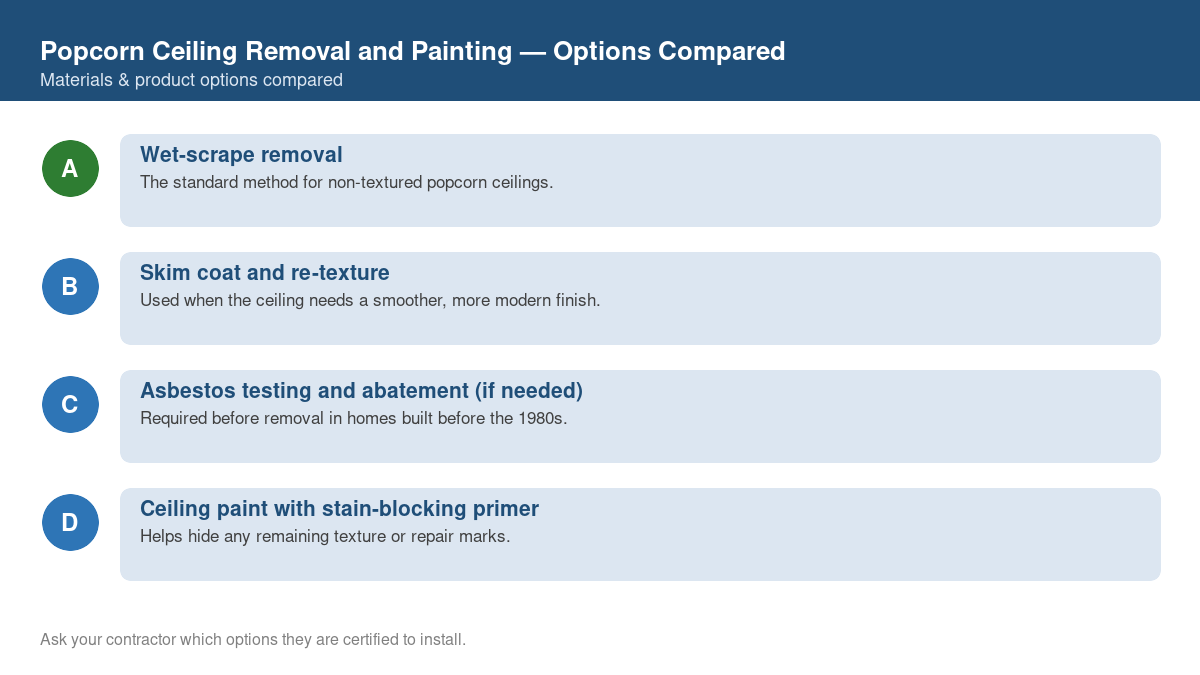Comparison chart of the top material and product options for popcorn ceiling removal and painting