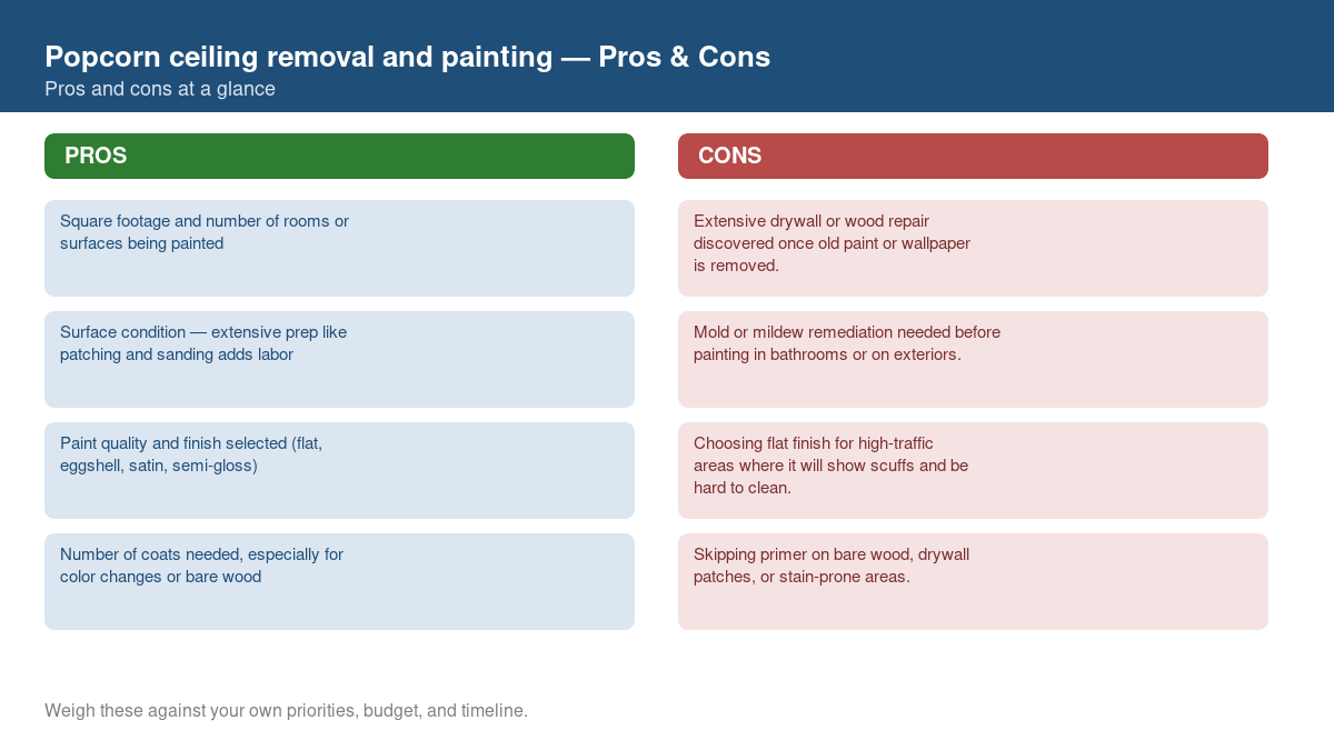 Pros and cons comparison chart for popcorn ceiling removal and painting