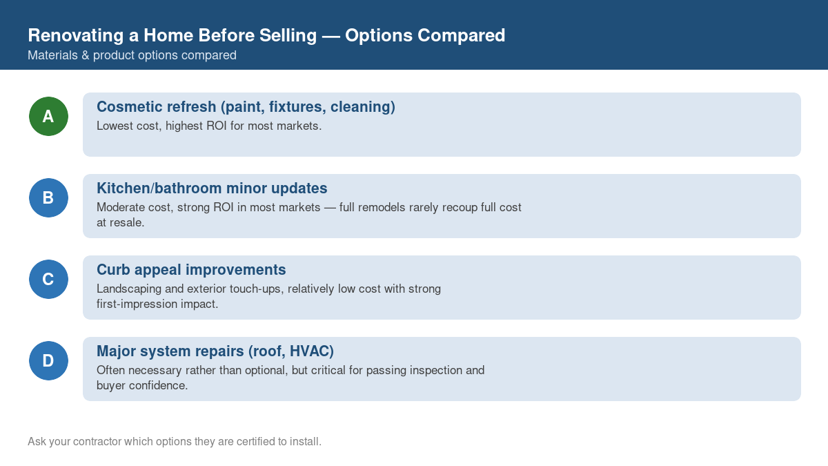 Comparison chart of the top material and product options for renovating a home before selling