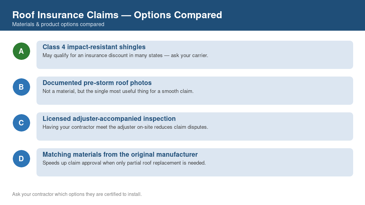 Comparison chart of the top material and product options for roof insurance claims