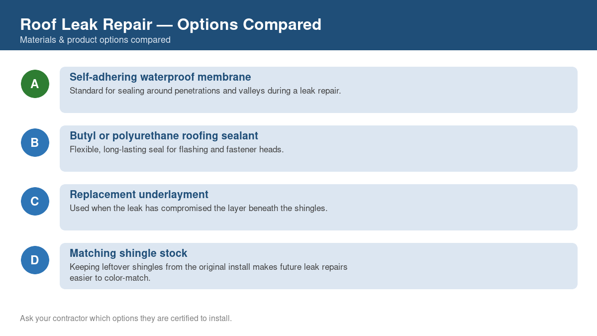 Comparison chart of the top material and product options for roof leak repair