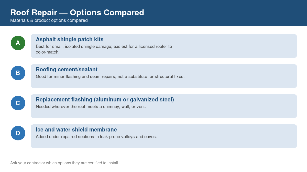 Comparison chart of the top material and product options for roof repair