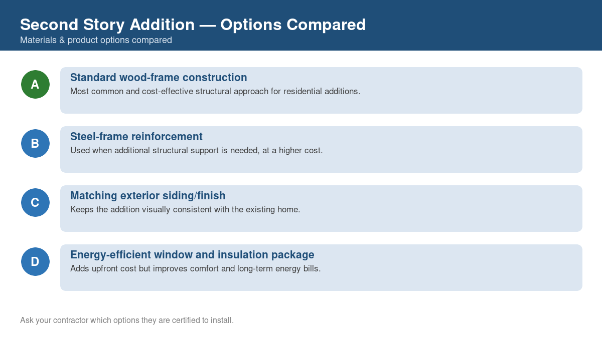 Comparison chart of the top material and product options for second story addition