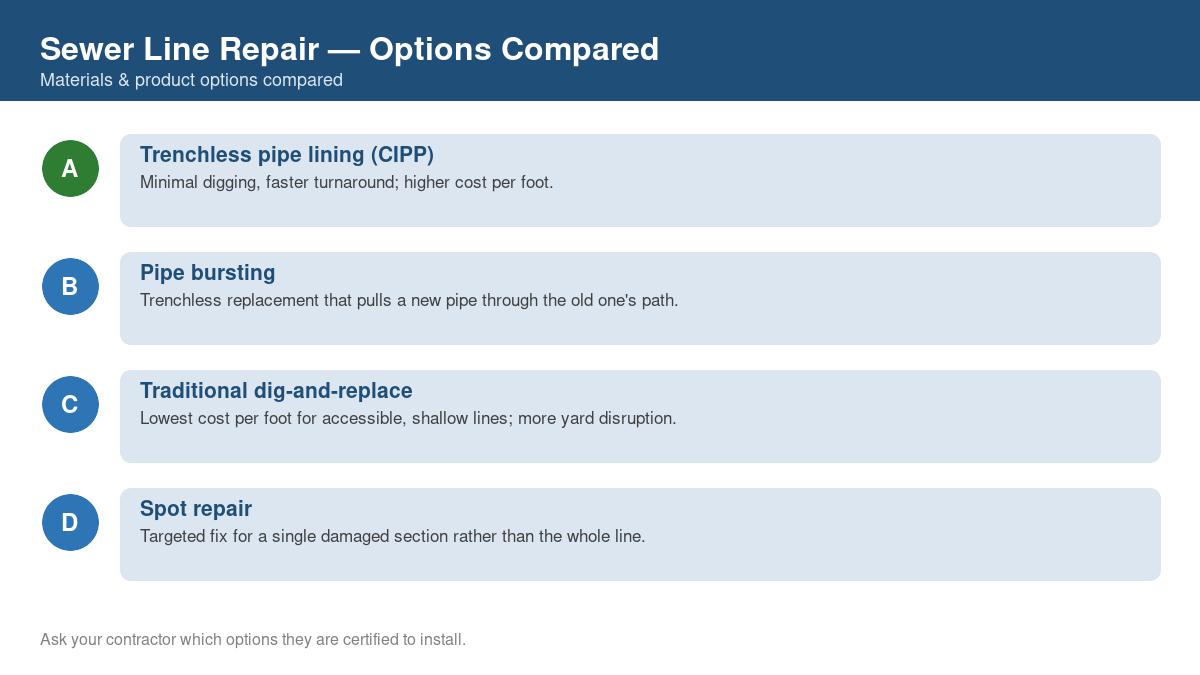 Comparison chart of the top material and product options for sewer line repair