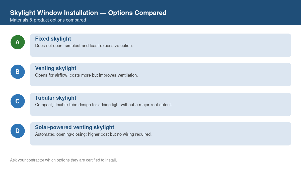 Comparison chart of the top material and product options for skylight window installation