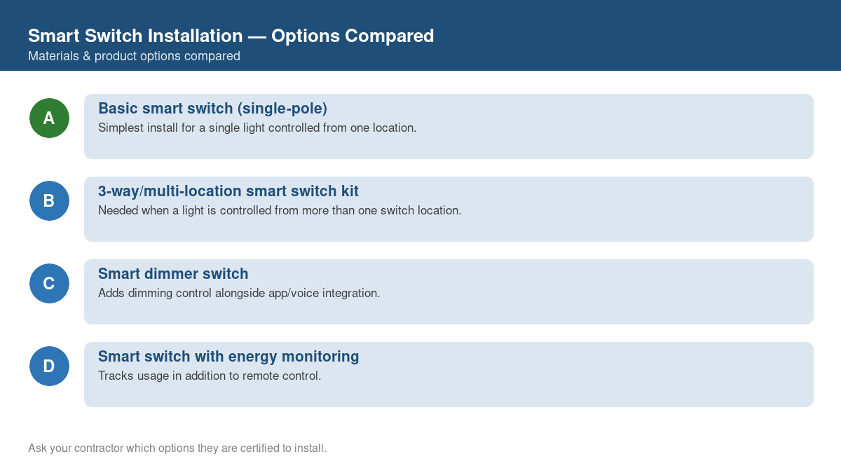 Comparison chart of the top material and product options for smart switch installation