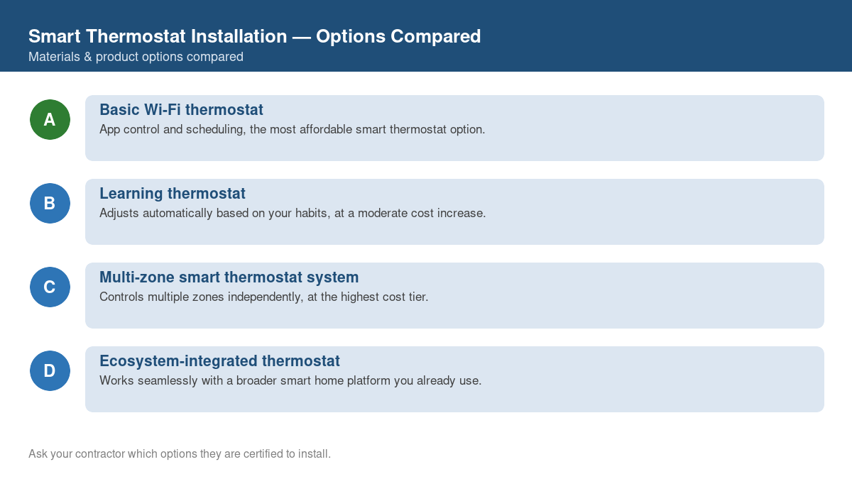 Comparison chart of the top material and product options for smart thermostat installation