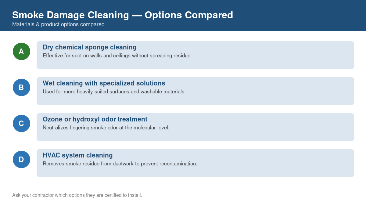 Comparison chart of the top material and product options for smoke damage cleaning