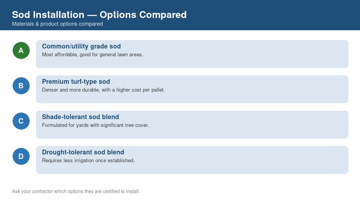 Comparison chart of the top material and product options for sod installation