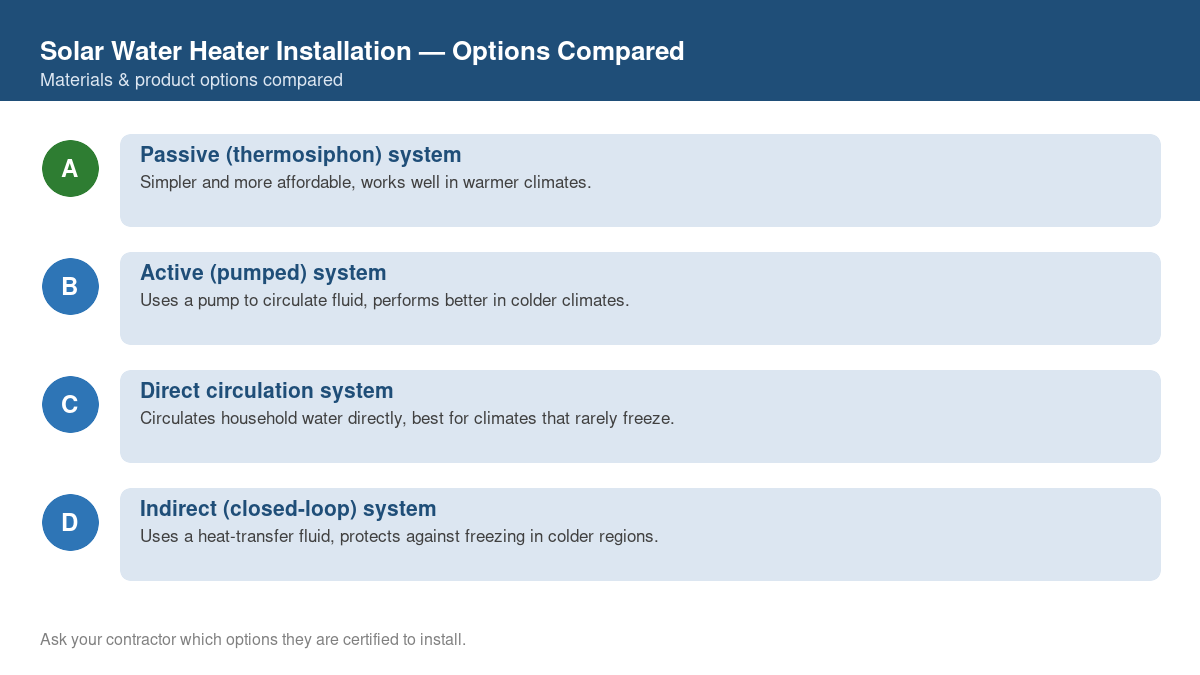 Comparison chart of the top material and product options for solar water heater installation