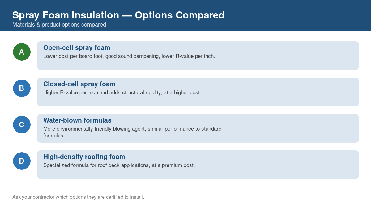 Comparison chart of the top material and product options for spray foam insulation