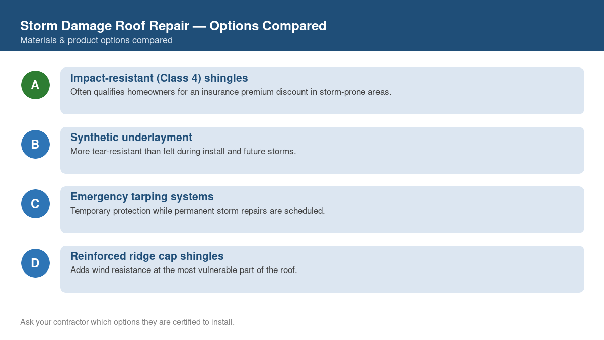 Comparison chart of the top material and product options for storm damage roof repair