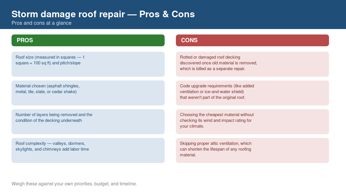 Pros and cons comparison chart for storm damage roof repair