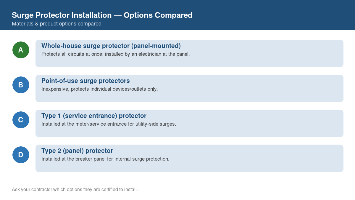 Comparison chart of the top material and product options for surge protector installation