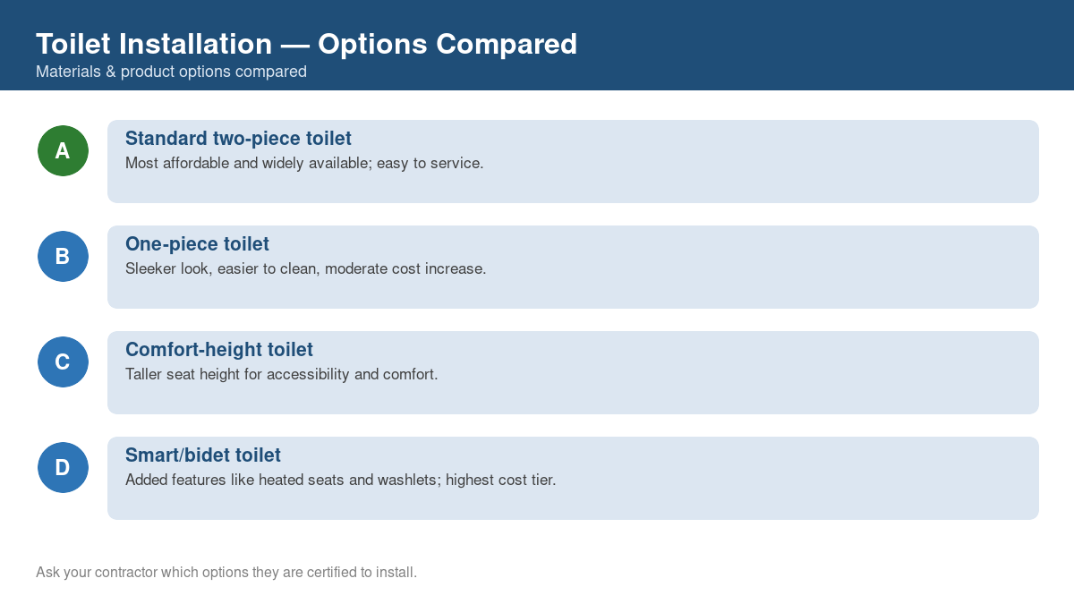 Comparison chart of the top material and product options for toilet installation