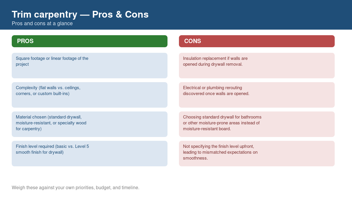 Pros and cons comparison chart for trim carpentry