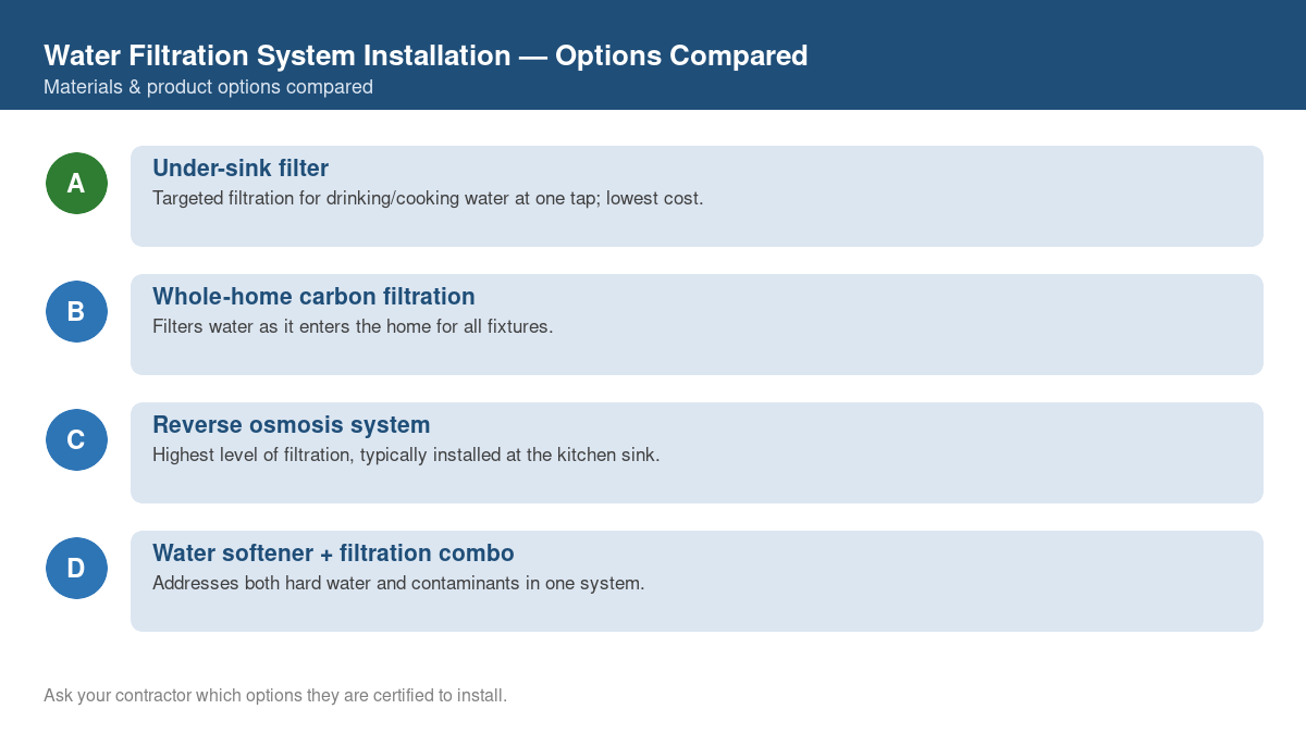 Comparison chart of the top material and product options for water filtration system installation