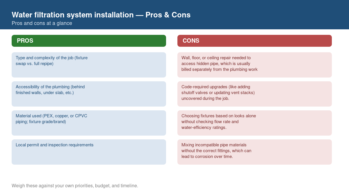 Pros and cons comparison chart for water filtration system installation