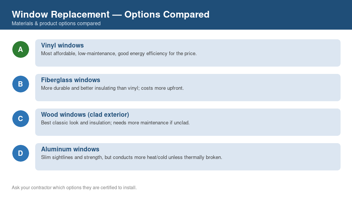 Comparison chart of the top material and product options for window replacement