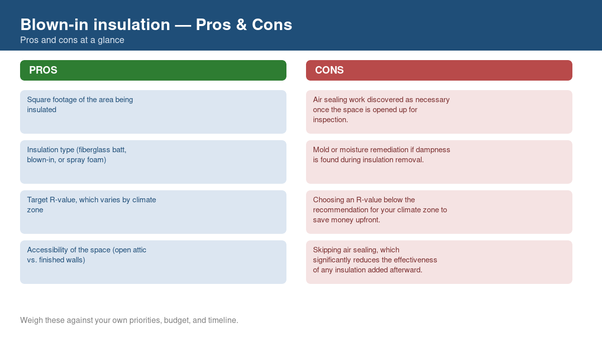 Pros and cons comparison chart for blown-in insulation