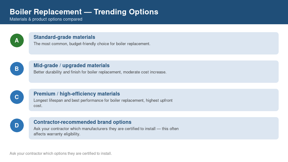 Comparison of trending material and product options for boiler replacement in 2026