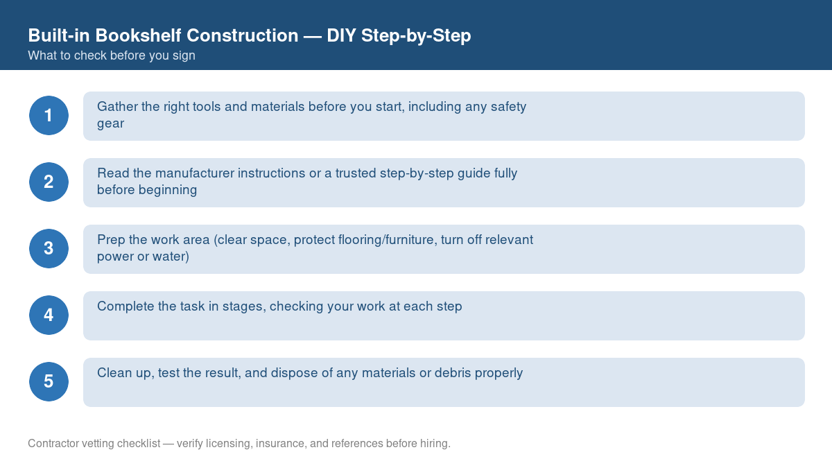 Checklist of step-by-step instructions for DIY built-in bookshelf construction