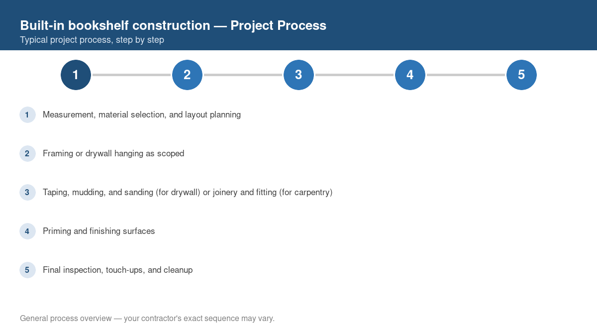 Step-by-step diagram of the typical process for built-in bookshelf construction