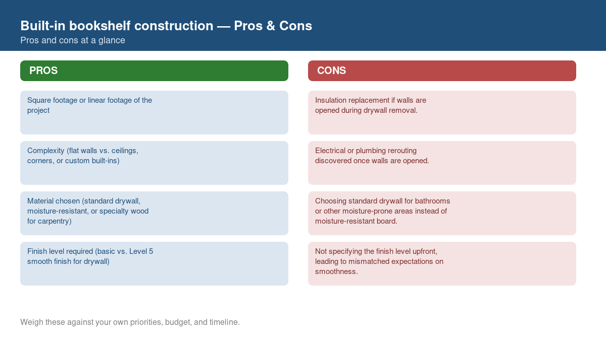 Pros and cons comparison chart for built-in bookshelf construction