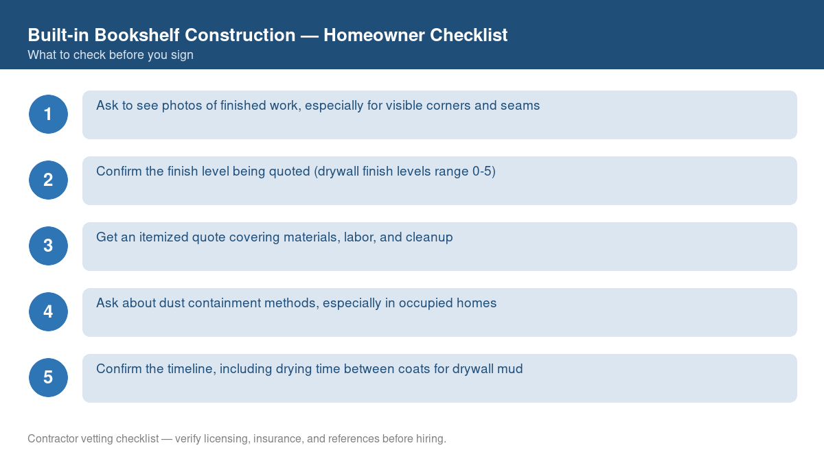 Checklist of steps to take before starting built-in bookshelf construction