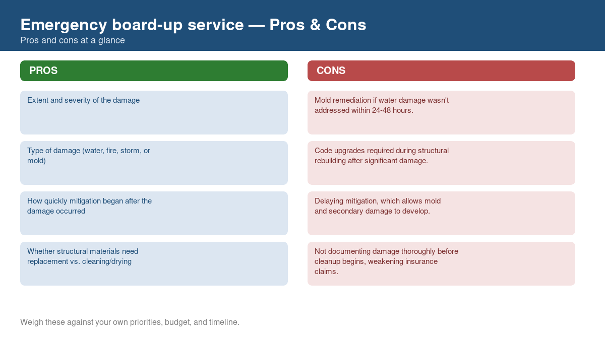 Pros and cons comparison chart for emergency board-up service