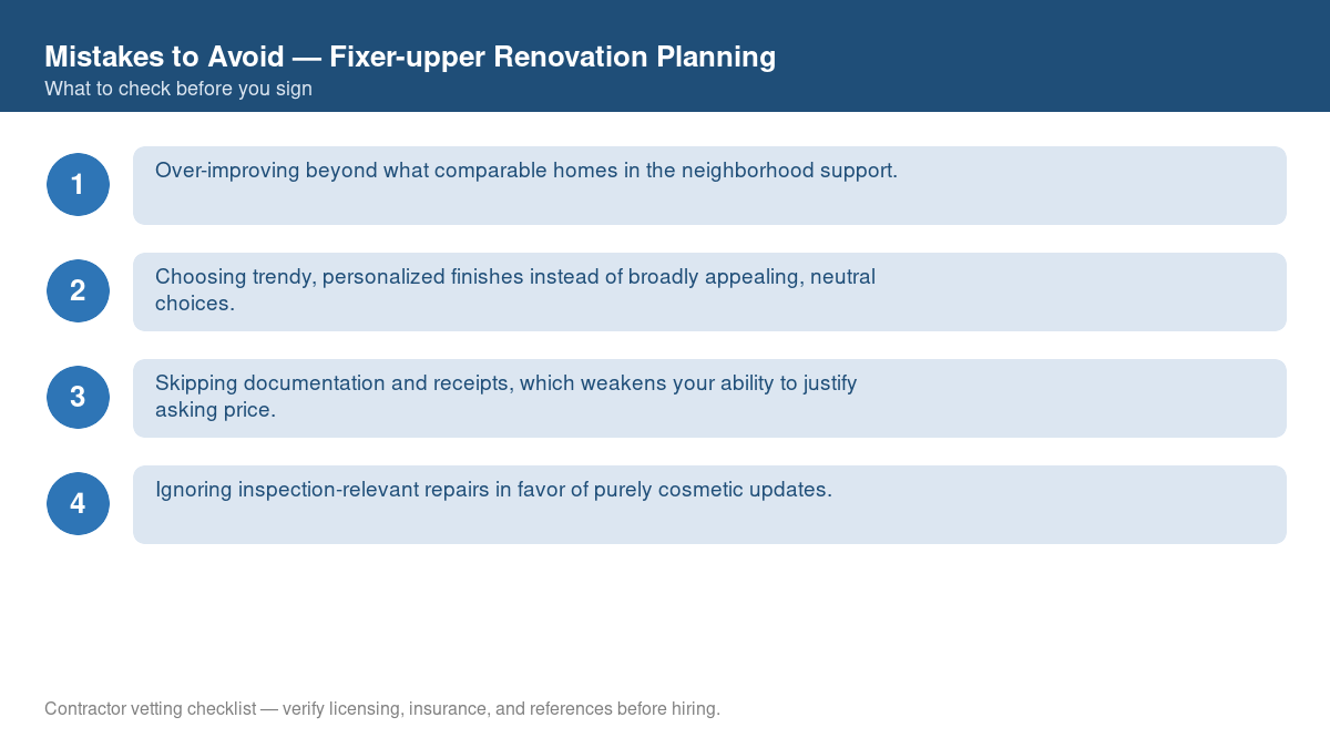 Checklist of common mistakes to avoid with fixer-upper renovation planning