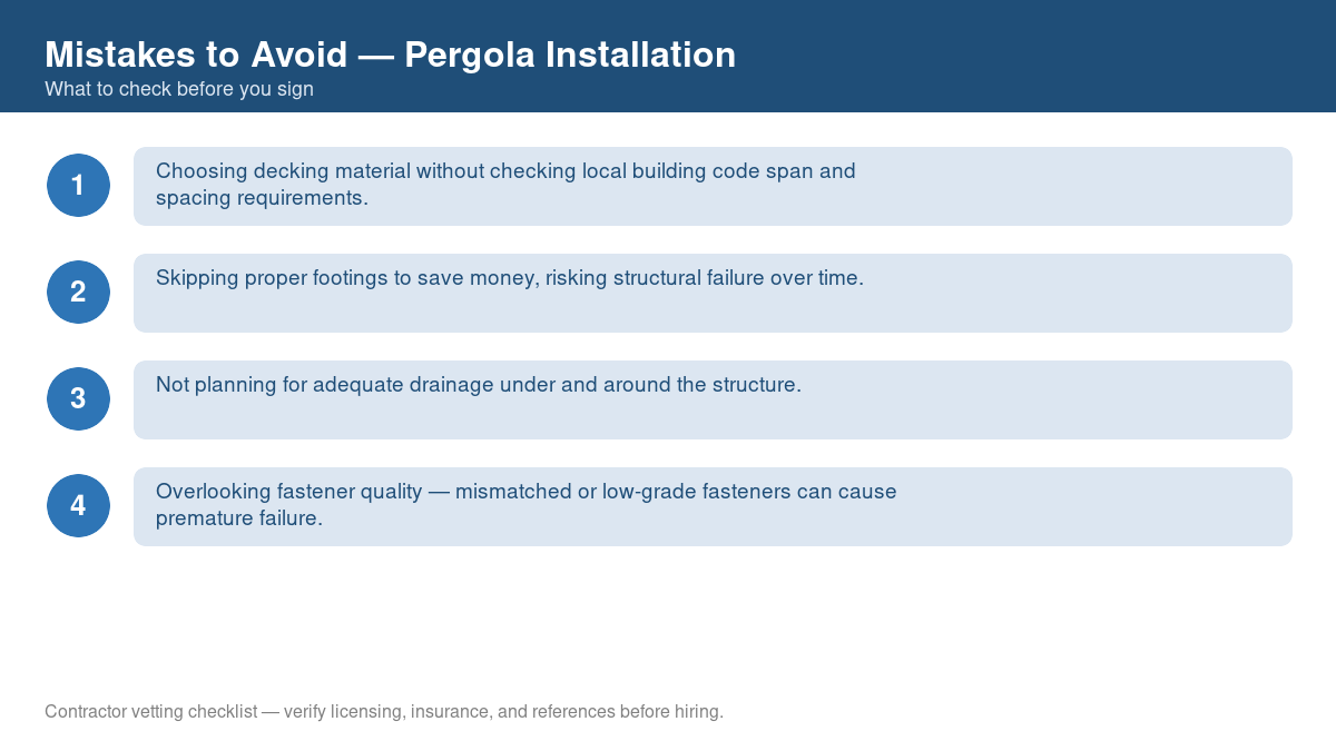 Checklist of common mistakes to avoid with pergola installation