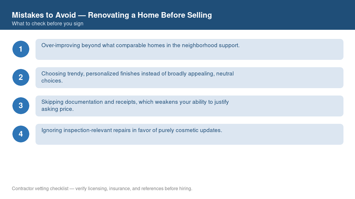 Checklist of common mistakes to avoid with renovating a home before selling
