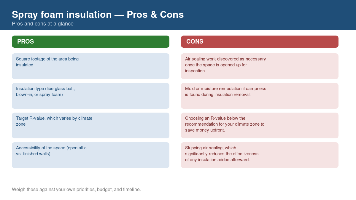 Pros and cons comparison chart for spray foam insulation