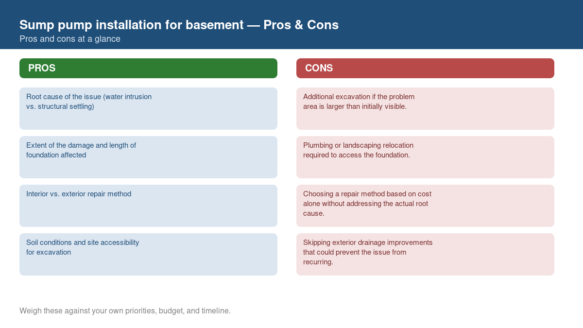 Pros and cons comparison chart for sump pump installation for basement