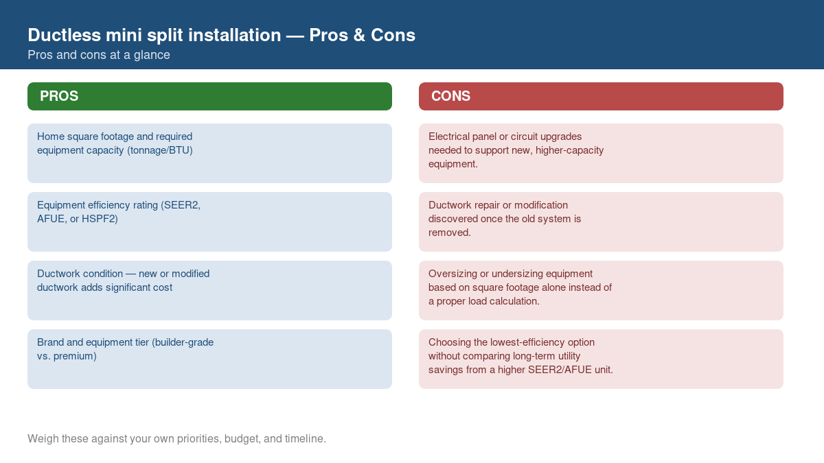 Pros and cons comparison chart for ductless mini split installation
