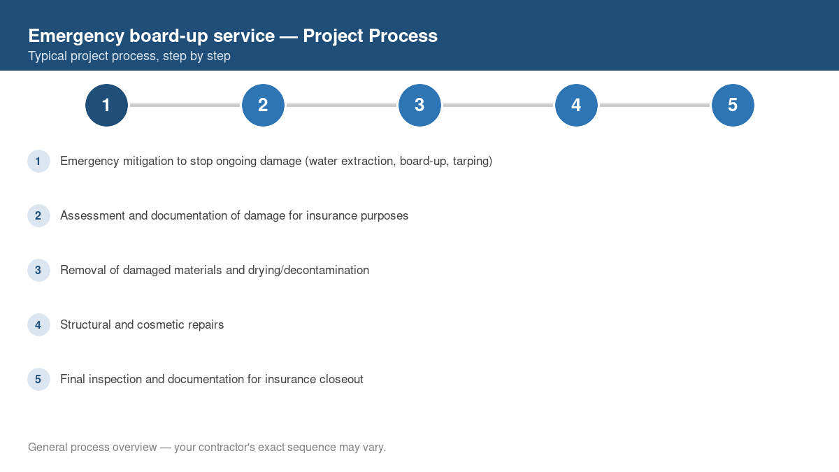 Step-by-step diagram of the typical process for emergency board-up service