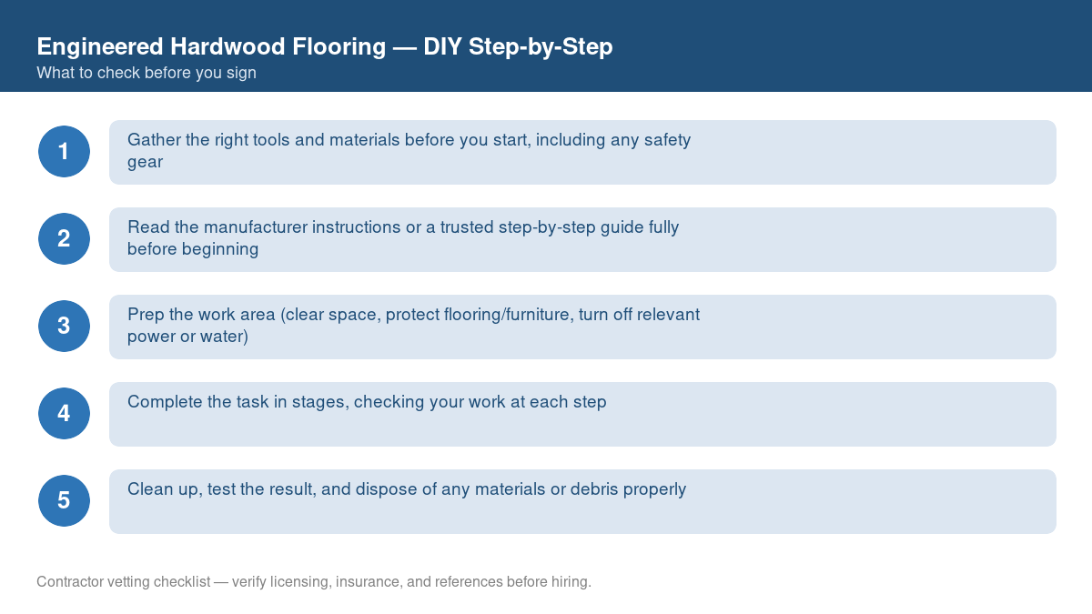 Checklist of step-by-step instructions for DIY engineered hardwood flooring