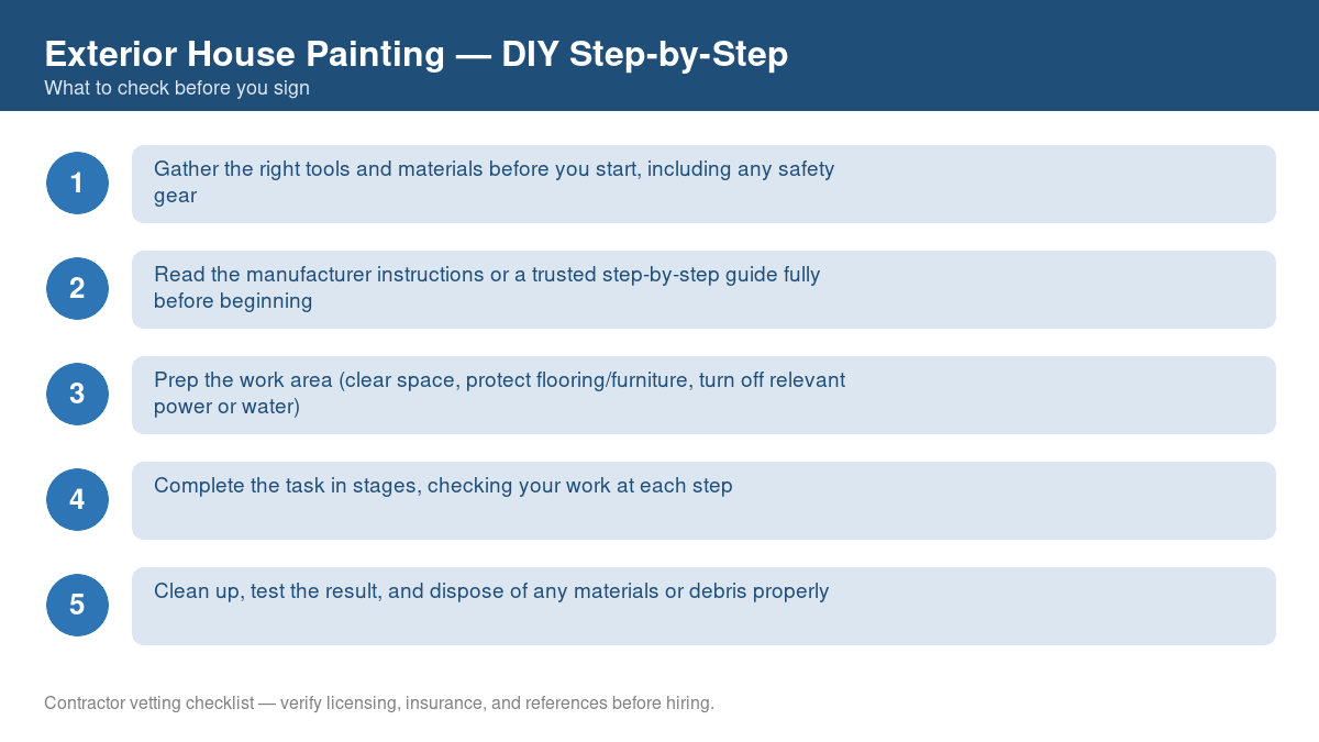 Checklist of step-by-step instructions for DIY exterior house painting