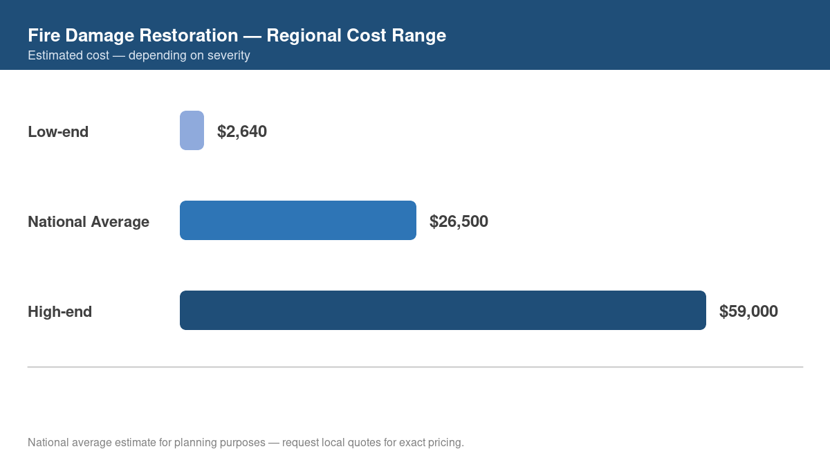 Bar chart showing low, average, and high regional cost estimates for fire damage restoration in 2026