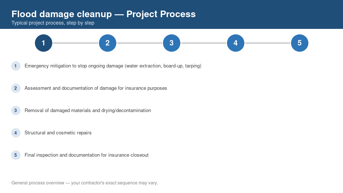 Step-by-step diagram of the typical process for flood damage cleanup