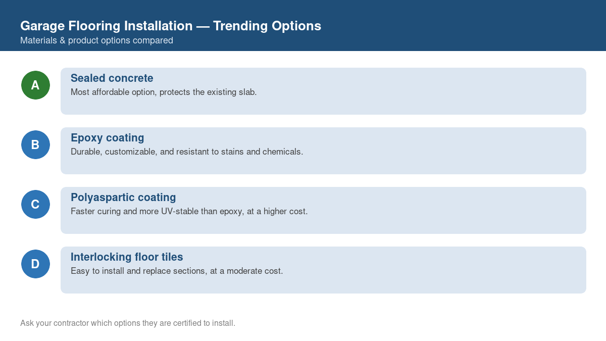 Comparison of trending material and product options for garage flooring installation in 2026