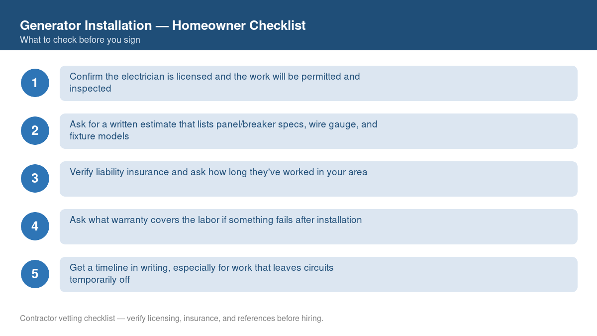 Checklist of steps to take before starting generator installation