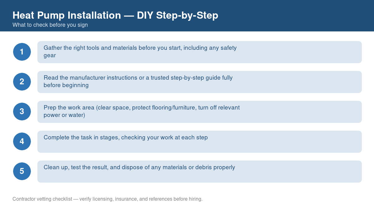 Checklist of step-by-step instructions for DIY heat pump installation