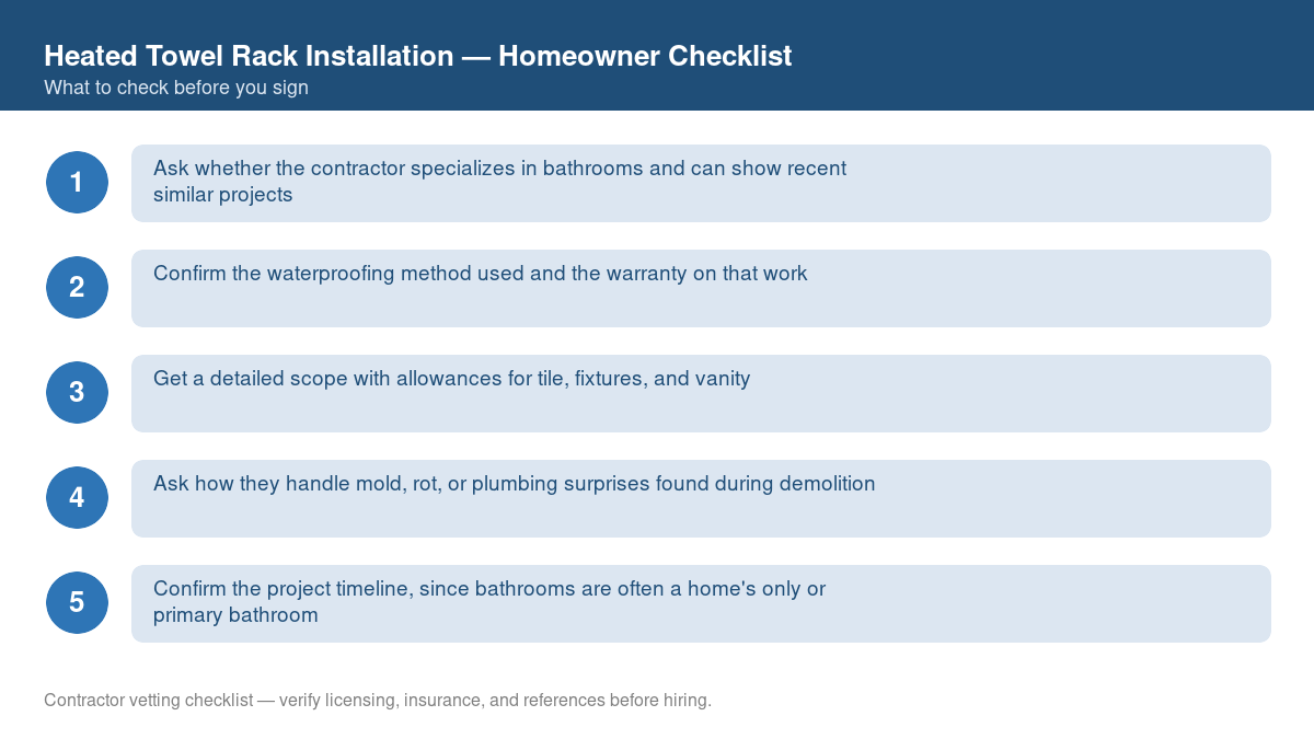 Checklist of steps to take before starting heated towel rack installation