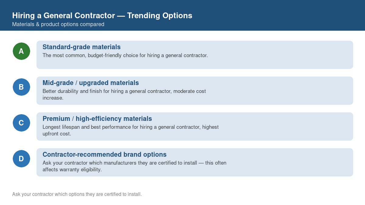 Comparison of trending material and product options for hiring a general contractor in 2026