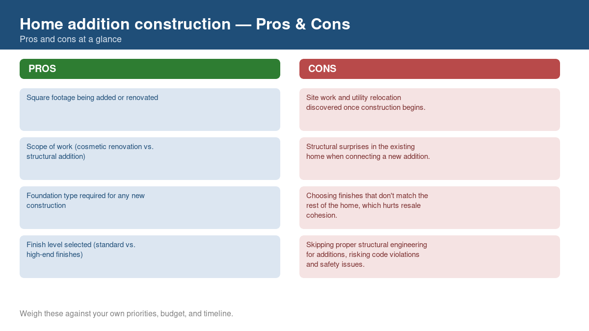 Pros and cons comparison chart for home addition construction