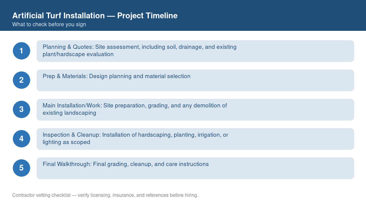 Checklist showing the typical project timeline for artificial turf installation