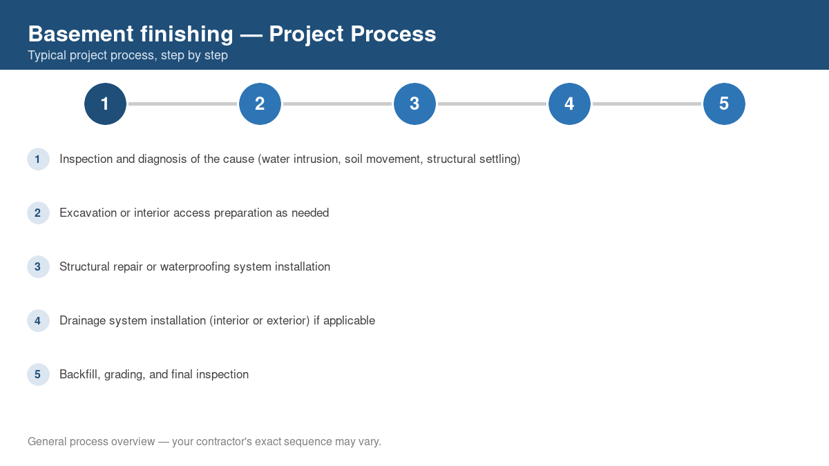 Step-by-step diagram of the typical process for basement finishing
