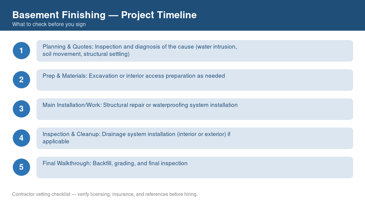 Checklist showing the typical project timeline for basement finishing